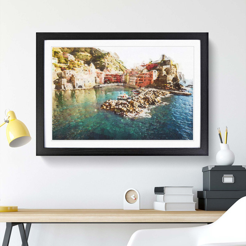Boats in Vernazza Italy in Abstract - Picture Frame Graphic Art Print, 27cm H x 36cm W x 2cm D, Black Framed