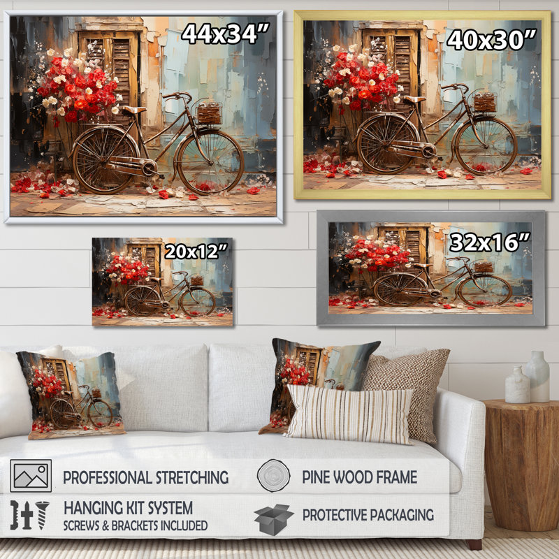 «Crimson Ride Red Flowers - Vélo, art mural», H 24 po x l 32 po x P 1 po, Cadre flottant doré