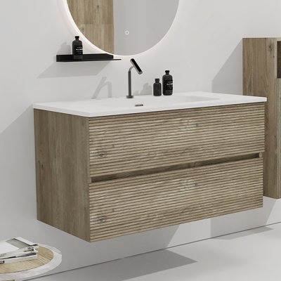 Meuble-lavabo mural en chêne brut et chêne brut de 36 po avec lavabo intégré en céramique avec trop-plein Gloria pour salle de bain moderne Gloria