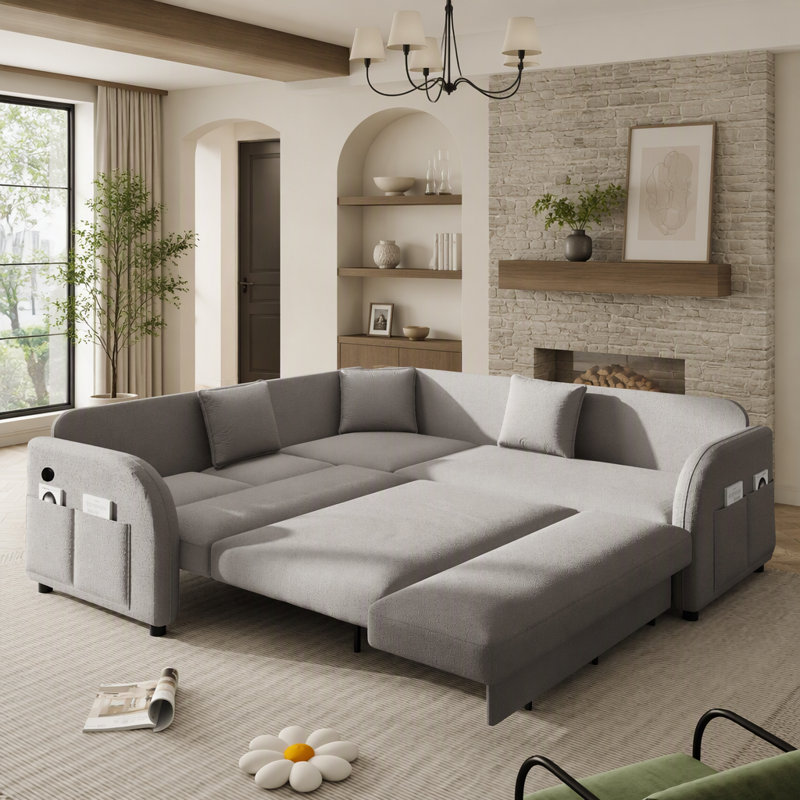 Canapé-lit d'angle convertible en forme de L avec ports de chargement USB et poches de rangement latérales pour espaces de vie