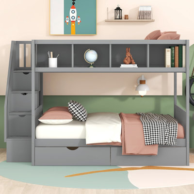 Lit superposé simple au-dessus de double gris avec tablette, 2 tiroirs et rangement d'escalier gris. Offrez une chambre à coucher confortable