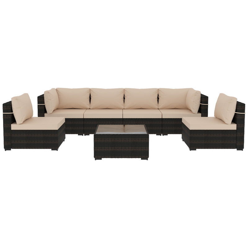 Ensemble de conversation modulaire en rotin 7 pièces avec coussins Cahangir, Beige