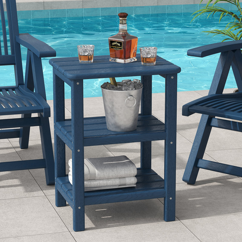 HDPE 3-Tier Outdoor Side Table, Weather Resistant Rectangular Adirondack End Table with Storage Shelves for Patio & Pool