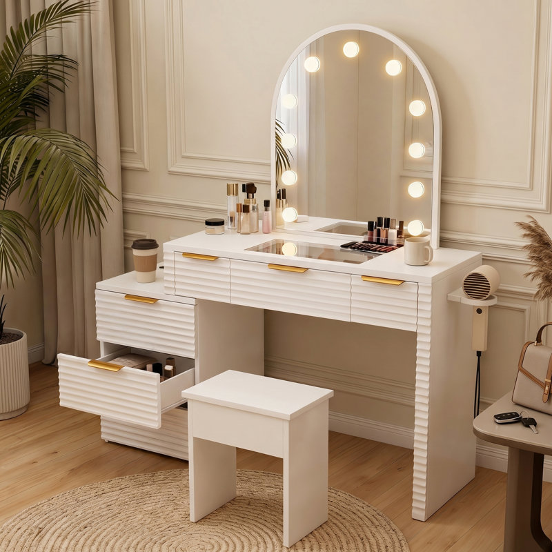 Makeup Vanity Set with Lighted Mirror and 6 Storage Drawers, Vanity Set with Mirror and Stool, Makeup Dresser Table for Bedroom, Checkroom