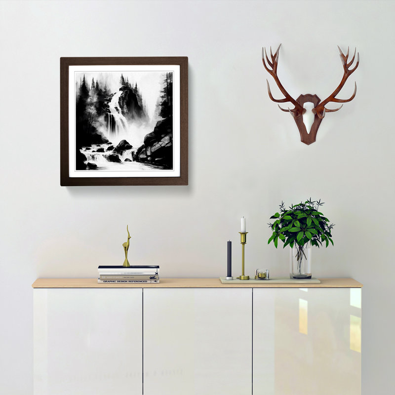 Waterfall Ink Wash - Framed Print, Walnut