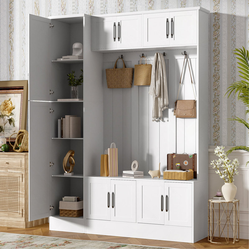 Hall Tree 59.03" Wide With Bench And Storage, White