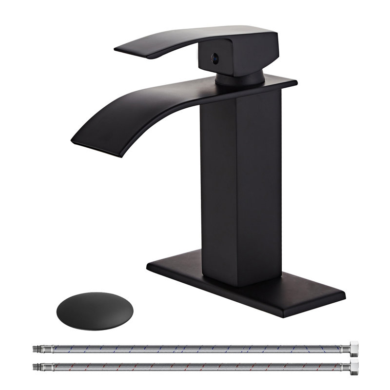 Single Hole Waterfall Bathroom Faucet With Deck Plate With Drain, Matte Black