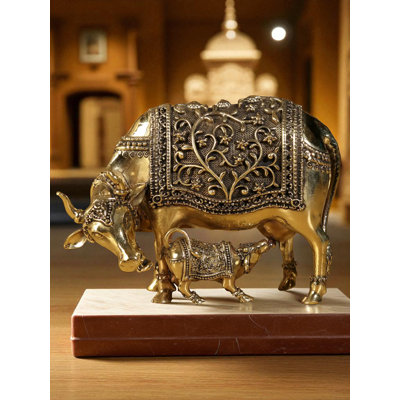 Small Superfine Cow and Calf Brass Statue Brass Golden Home Temple Decor Gift DDF409