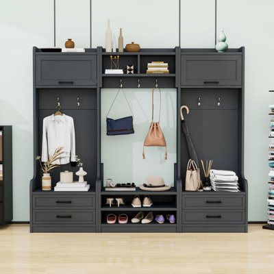 Luxurious Wood Hall Tree with Storage Drawers, Cabinet, Shoe Bench and 7 Hooks