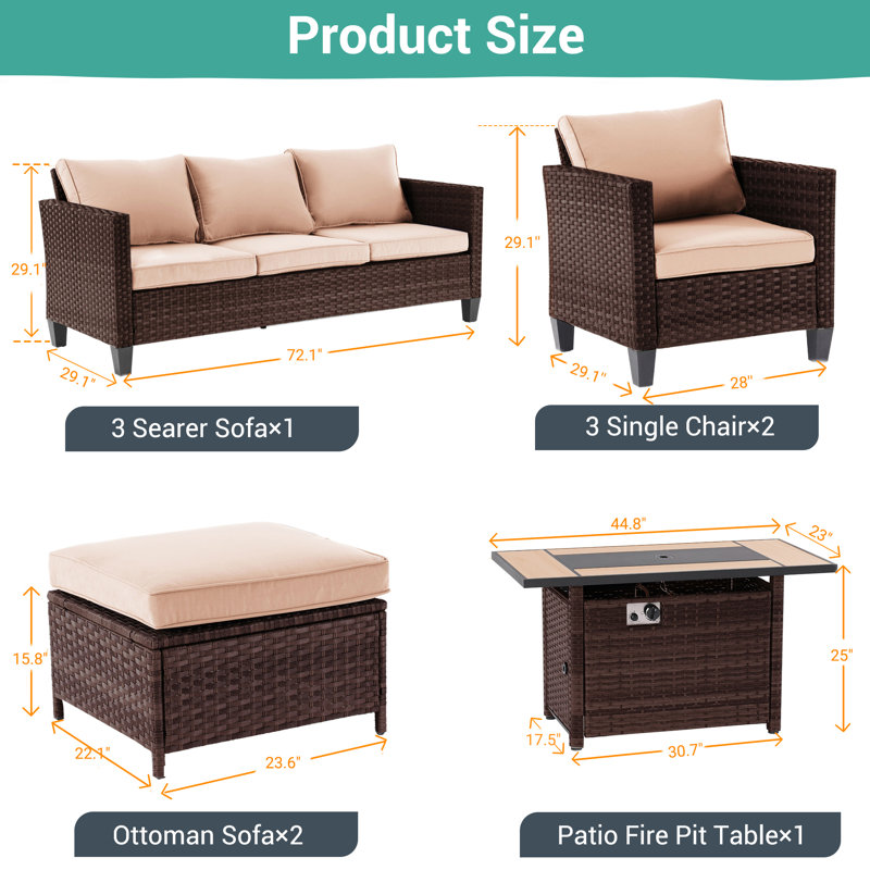 6 Piece Patio Conversation Set with Rectangular Fire Pit Table, Sand