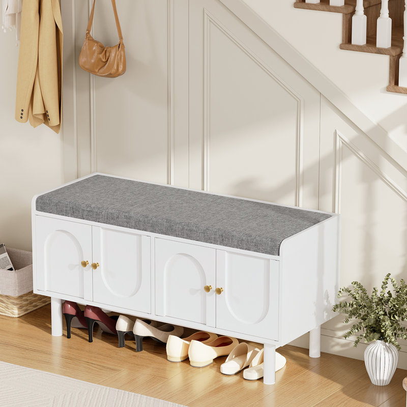 39.4" Wide Shoe Storage Bench, Entryway Bench With Cushion and Adjustable Shelf, White