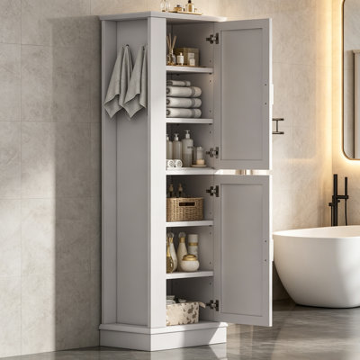 Grande armoire de rangement pour salle de bain, armoire de rangement autoportante avec crochet latéral et tablette réglable - armoire en lin aggloméré pour salle de bain, salle de lavage et entrée, gris