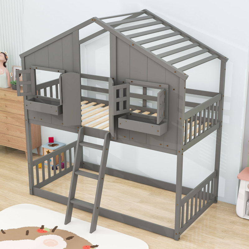 Harper Orchard Twin Over Twin House Bunk Bed With Roof And Windows ...