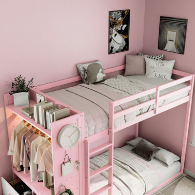 Lit superposé simple avec garde-robe intégrée, éclairage intelligent, rangement à 4 tiroirs et trois choix de couleurs pour la chambre à coucher, tablettes intégrées roses, rangement double, maisons de vacances convenables