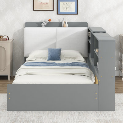 Lit plateforme simple en bois confortable avec tête de lit à rangement, tablettes, 2 tiroirs, rangement gris pour tête de lit Serenity, tiroirs en raffinement