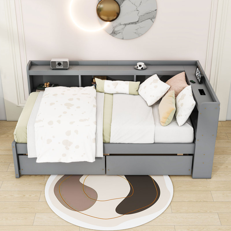Daybed with L-Shaped Bookcases, USB Charging Station and 2 Storage Drawers, Gray, Twin