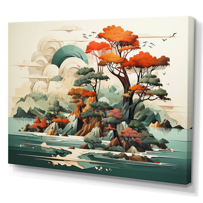 «Vintage Japanese Lake Scenery I - Abstract Landscape», art mural, Toile tendue, H 12 po x l 20 po x P 1 po