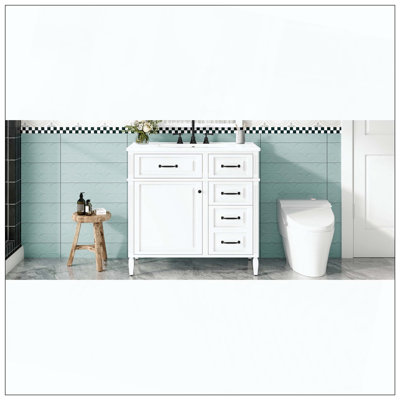 Meuble-lavabo autoportant avec lavabo en céramique et poignées de tablette réglables