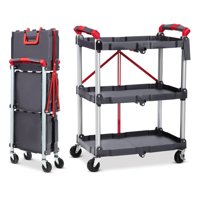 Chariot utilitaire pliable robuste à 3 niveaux avec roulettes – Chariot de service roulant pliable, roulettes pivotantes à 360° verrouillables, organisateur portatif pour bureau, maison, garage, entrepôt – Aucun assemblage requis – Gris