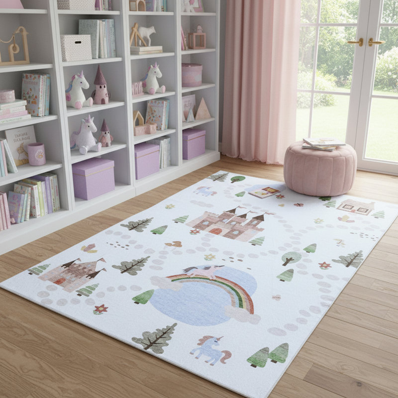 Tapis 4 pi x 6 pi blanc cassé, vert, bleu, château et arc-en-ciel