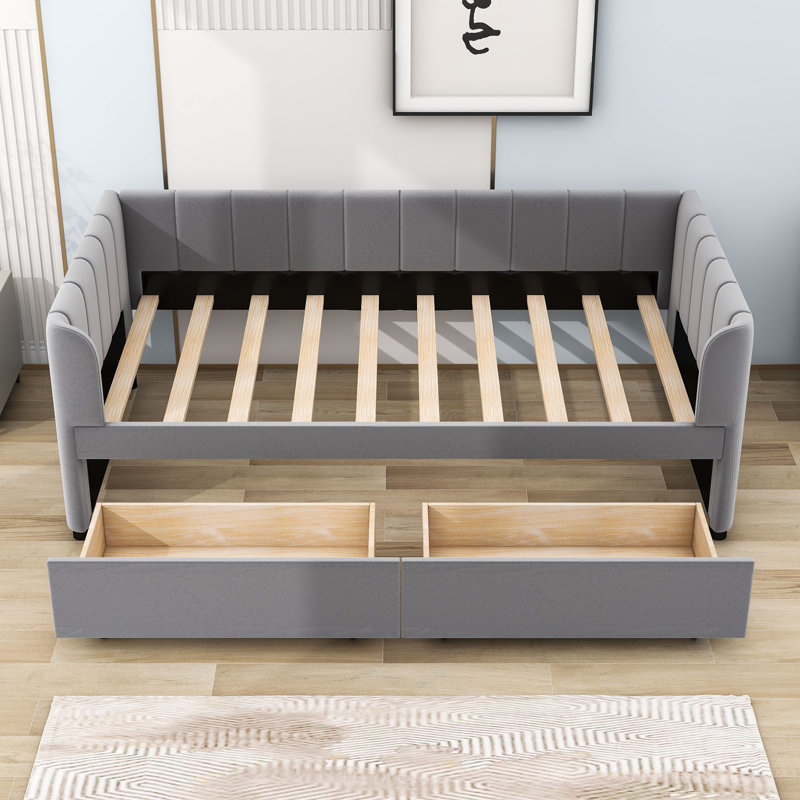 Longway Twin Upholstered Daybed with Ergonomic Design Backrest and 2 Drawers, Gray