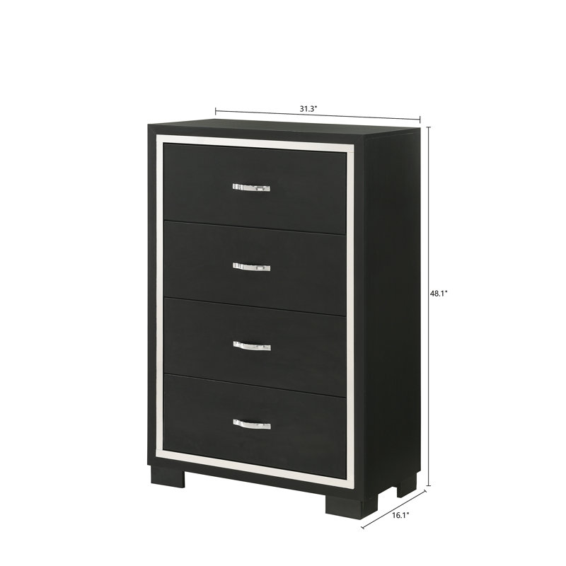 Meuble de chambre à coucher moderne à 1 tiroir Glam 4 tiroirs avec poignées en métal noir