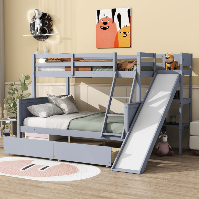 Lit superposé simple au-dessus de double gris avec tiroirs et tablettes - Hévéa 2, glissoire, tablette de rangement