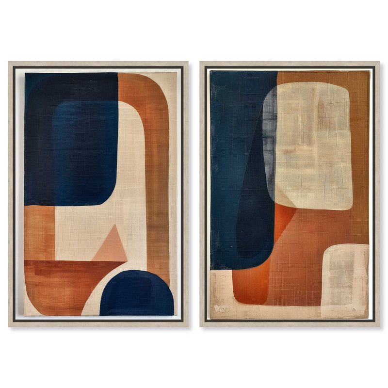 Blue Cream Set Canvas Set of 2 Boho Abstract by Art Remedy, 55" H x 37" W, Gold Floater Framed