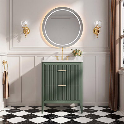 Meuble-lavabo autoportant à simple cuve en bois massif avec plateau en marbre d'ingénierie
