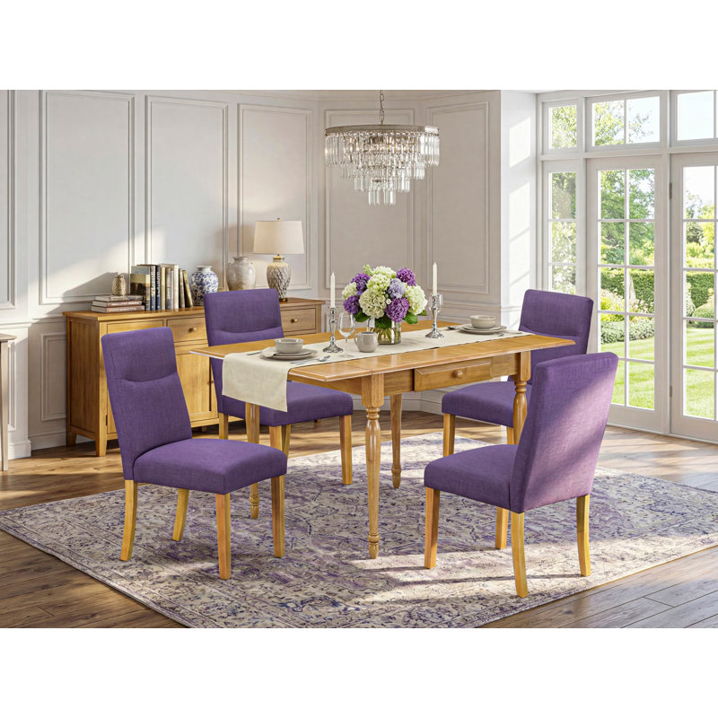 5 Piece Kitchen Table Set for 4 Includes a Rectangle Dining Room Table with Dropleaf and 4 Linen Fabric Parson Dining Chairs, Oak