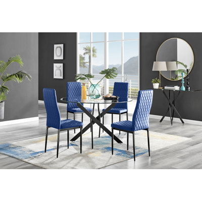 Bernell Modern Chrome Metal & Glass Round Dining Table Set with 4 Quilted Velvet Chairs