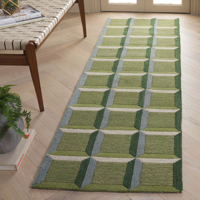 Giedre Geometric Hand Tufted Cotton/Wool Area Rug in Green/Beige, Runner 2'3" x 8'