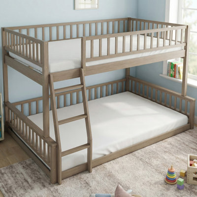 Solid Wood Full XL Over Queen Bunk Bed with Ladder and Guardrails for Bedroom
