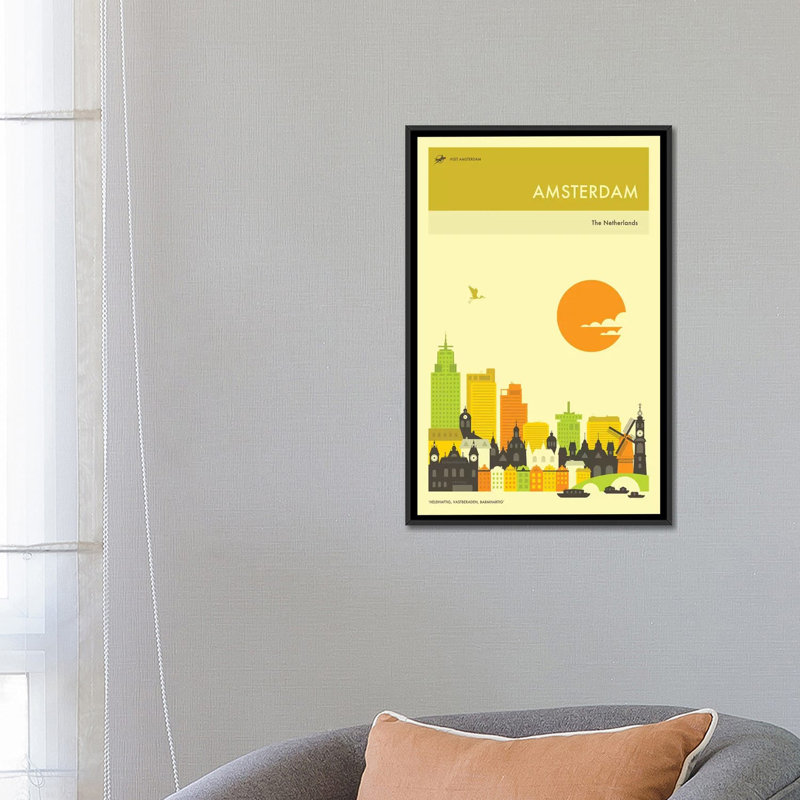 « amsterdam horizon », impression sur toile, H 26 po x l 18 po x P 1,5 po, Toile avec cadre noir, Pas de tapis