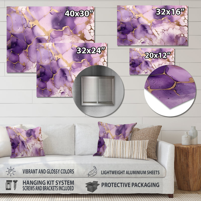 Mauve et or marbré, nuages d'encre VII - fractales, impressions sur métal, H 16 po x l 32 po
