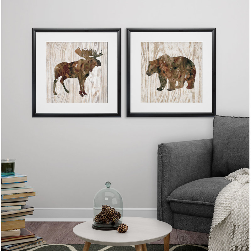 «Pine Forest Moose & Bear», ensemble de 2 reproductions d'art encadrées, Cadre noir