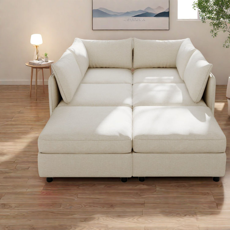 Canapé modulaire multifonctionnel beige avec rangement, tissu chenille pour salon moderne