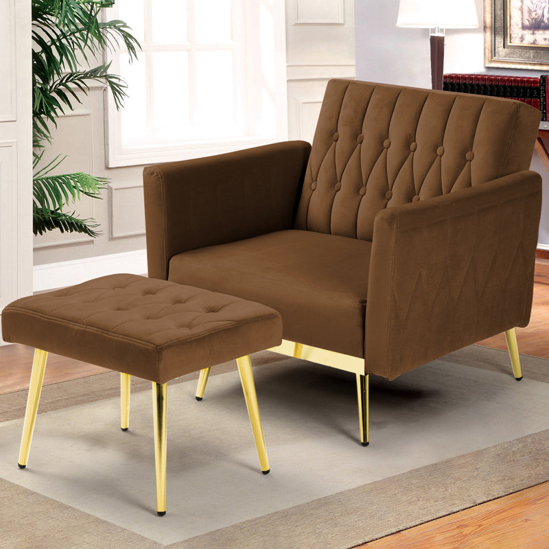Siemon Velvet Accent Chair with Ottoman, Brown Velvet