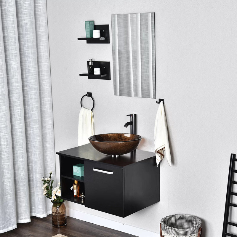 Clematic 28" Wall-Mounted Single Bathroom Vanity Set with Mirror, Dark Brown, Black