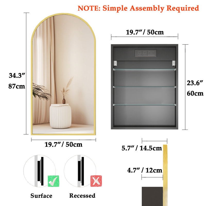 Arched Wall-Mounted Mirrored Medicine Cabinet With Storage & Built-In Outlet, Adjustable Shelves, Gold