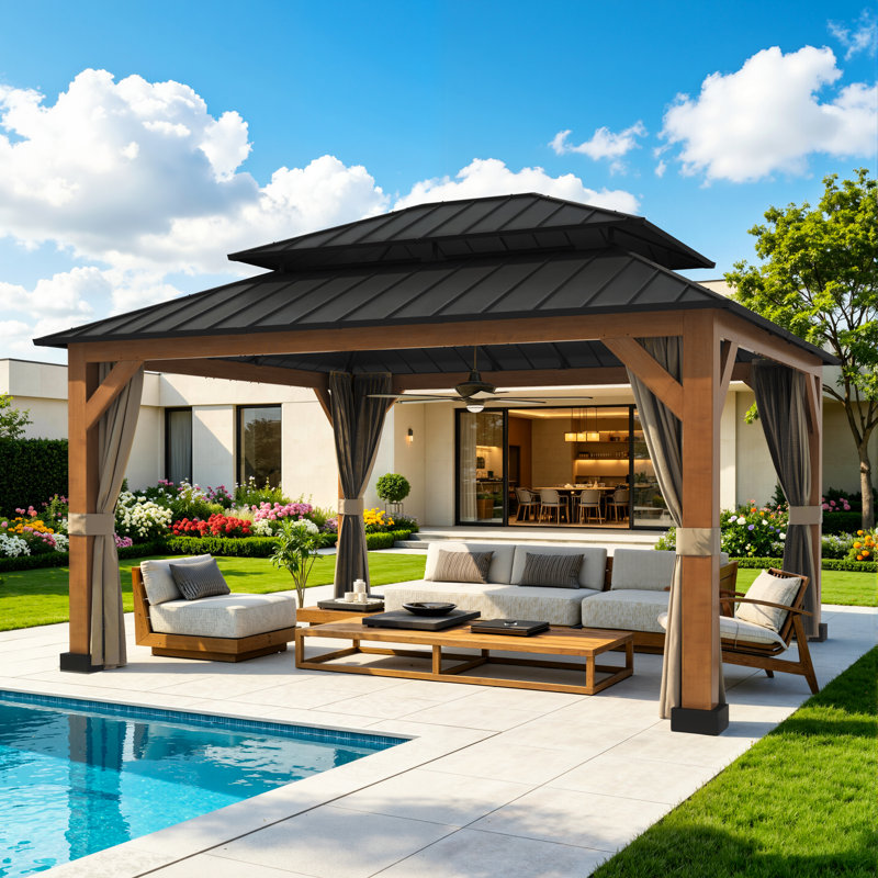  13ft x 15ft Aluminum Patio Gazebo with Double Galvanized steel Roof, Privacy Curtains & Mosquito Netting, Weatherproof & UV Protection for Garden, Porch, Lawn, Poolside & Backyard Deck
