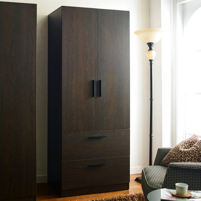 Armoire en bois à deux portes Brook de couleur brun foncé avec deux tiroirs et barres de suspension - fermeture en douceur pour un garage serein, rangement pour outils de rangement très profond, meubles de garage pour chauffe-eau, égratignures