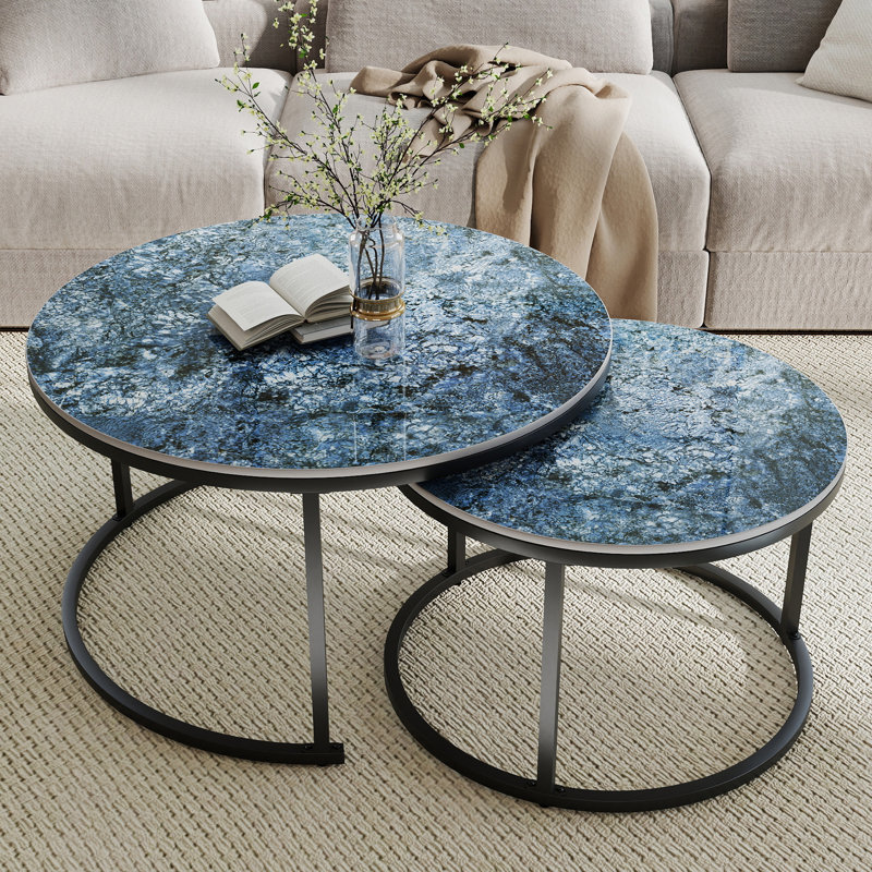 Ensemble de 2 tables basses gigognes en pierre frittée bleue brillante pour le salon, H 17,72 po x L 26,77 po x l 26,77 po