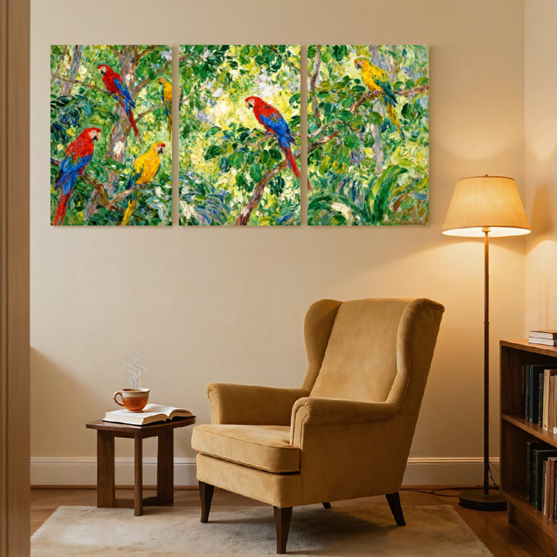 Oiseaux perroquets colorés dans une forêt luxuriante, ensemble de 3 impressions sur toile, H 24 po x l 48 po