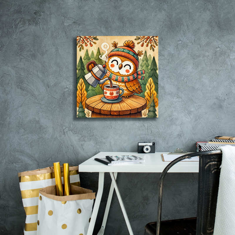  «Owl and Coffee 2» par Rey Klimt, art mural sur toile, 18 po x 18 po