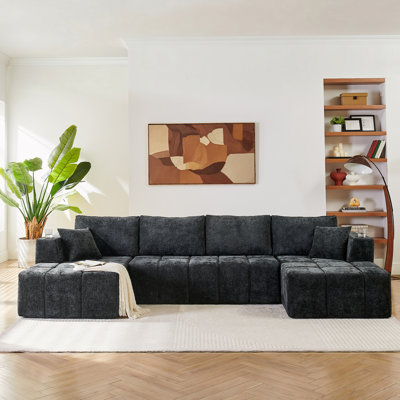 132" U-Shaped Chenille Sectional Sofa, Cloud Style Boneless Sofa with Lounges, Modern Upholstered Couch with Cup Holders & Side Pockets, Compression Sofa for Living Room, No Assembly Required,Black