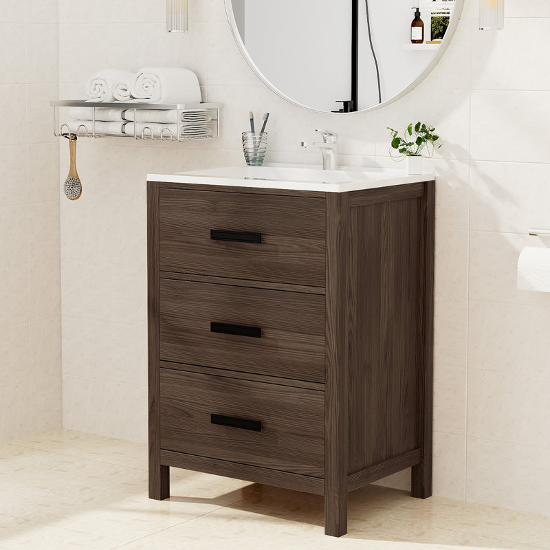 Meuble-lavabo simple 24 po avec comptoir en résine et lavabo sur pied, Marron foncé