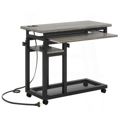 28"-39.3" Height Adjustable Portable Desk with Power Outlet & USB Ports, Rolling C-Shaped Side Table with Keyboard Tray, Small Standing Desk with Wheels for Sofa, Bedside, or Home Office –Grey