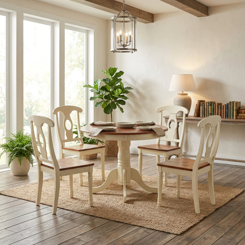 Ensemble de salle à manger rond 5 pièces en placage de bois d'hévéa couleur cerisier babeurre, comprenant 4 chaises