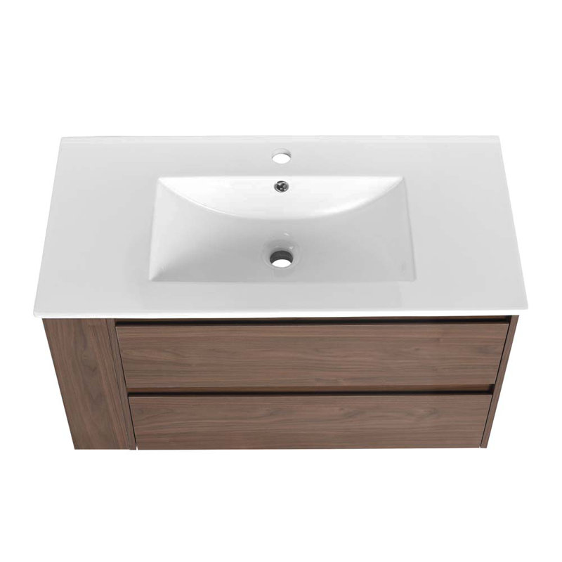 Ensemble de meuble-lavabo simple 35,92 po avec plateau en céramique Firas, Chêne brun